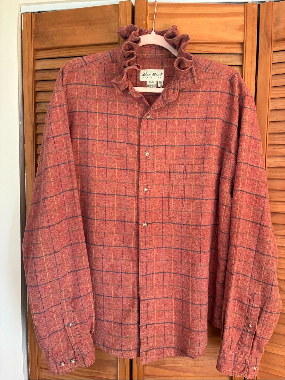 Eddie Bauer Rust Plaid Ruffle-Collar Button-Front Shirt - Picture 4 of 5
